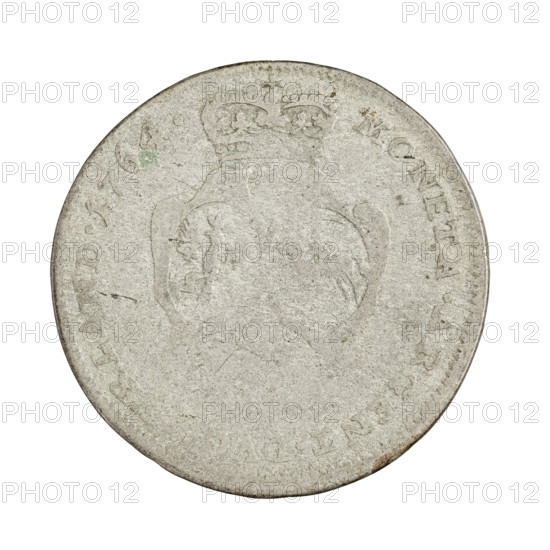 Obverse: In the rim a male bust in armour and a wig, turned to the right, divides an inscription in the rim; on the right shoulder the letters 'G D.G.ERNEST.IOH.IN.LIV.CVRL.&.SEM.DVX.' Reverse: Under a coronet mitre separating the inscription in the rim, two coats of arms with the White Eagle and the Pursuit (Chaser), below the value numeral, under which letters; in the rim 'MON.ARGENT.DVC,RLAND.1764.' Inscription dates '1764'. Maker/issuer: Ernest Jan Biron (Duke of Courland and Semigallia; 1690–1772). Designer/publisher/officials associated: Graefenstein, GZ (fl. 1761), publisher; Schröder, Justyn Karol (master of the Mitawa mint 1763–1764). Attributes: coats of arms; princely male bust in armour; ruler's bust to the right; portraits in parade armour; shields. Type: coin of the Duchy of Courland and Semigallia, Mitawa mint. Weight: 3.11 g.
