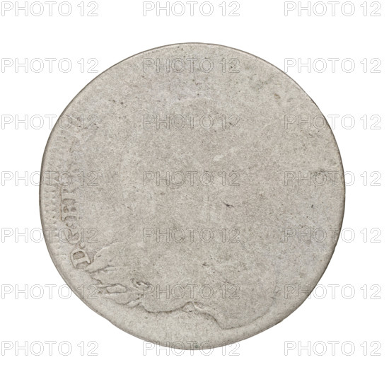 Ernest Jan Biron (Duke of Courland and Semigallia; 1763–1769); GZ (fl. 1761), publisher; Justyn Karol Schröder (master of the Mitawa mint 1763–1764). Obverse: in the border an outline of a bust turned to the right separating the rim inscription; on the right shoulder the letter G and inscription D.G.ERNES. Reverse: under the crowned mitre separating the rim inscription, two coats of arms with the White Eagle and Pogon (Chaser), below the value numeral VI with letters beneath; rim legend MON.ARGEN.LAND.1764. 1764. Duchy of Courland and Semigallia, Mitawa. Coin; weight 2.78 g. Coats of arms: Polish–Lithuanian Commonwealth, Biron (family).