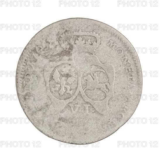 Ernest Jan Biron (Duke of Courland and Semigallia; 1763–1769), Graefenstein, GZ (fl. 1761), publisher, Schröder, Justyn Karol (master of the Mitawa mint 1763–1764). Obverse: in the border an outline of a bust turned to the right, separating the inscription in the rim; on the right shoulder the letter G D.G.ERNES. Reverse: under the crowned mitre separating the inscription in the rim, two coats of arms with the White Eagle and Pogon (Chaser), below the value numeral VI with letters beneath, in the rim MON.ARGEN, LAND.1764. Dated 1764. Duchy of Courland and Semigallia, Mitawa; coin, weight 2.78 g.