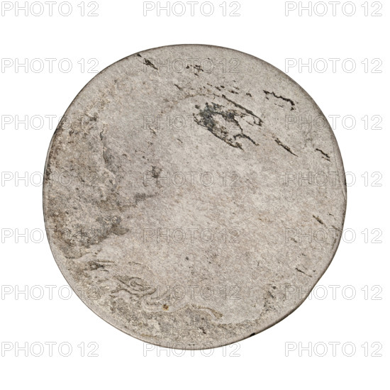 wieczorowy; Ernest Jan Biron (Duke of Courland and Semigallia; 1763–1769); coats of arms; busts; White Eagle (coat of arms); Polish–Lithuanian Commonwealth (coat of arms); Pogon (coat of arms); shields; heraldic shields; Biron (family). Obverse: in the border an outline of a bust turned to the right; illegible inscription in the rim. Reverse: under a crowned mitre separating an illegible inscription in the rim, two coats of arms with the Eagle and the Chaser; below the value number VI; date 1763–1764; Duchy of Courland and Semigallia, Mitawa; coin; weight 3.08 g.