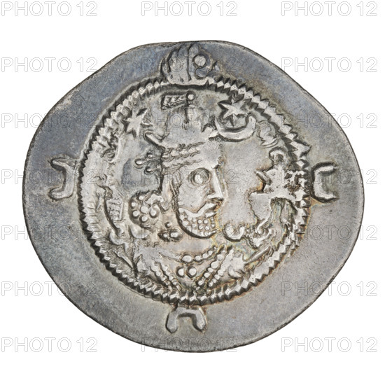 Drachma, Khosroes II Anoshirvan (ruler of Persia; 531–579). Obverse: bust of the king facing right wearing a crown decorated with a double pearl diadem, pearl rim, three crescents on the outside, a sphere at the top. Reverse: burning altar with the king on one side and a priest on the other; pearl rim. Sassanid Kingdom (224–651), coin, weight 4.00 g, dated 531–579.