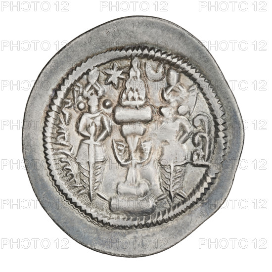 drachma, Khosroes II Anoshirvan (ruler of Persia; 531–579). Obverse: bust of the king facing right wearing a crown decorated with a double pearl diadem, pearl rim, three crescents on the outside, a sphere at the top. Reverse: burning altar, king on one side, priest on the other, pearl rim. Sassanid Kingdom (224–651), coin, weight 4.00 g, dated 531–579.