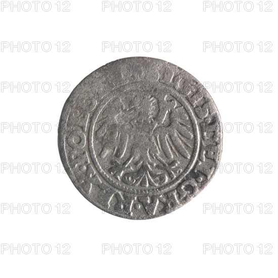 Gdansk szelag, Sigismund I the Old (King of Poland; 1506–1548); 1546; obverse: Eagle of Royal Prussia, in the rim between pearls an inscription IGIS.DEI.GRA.REX.POL; reverse: coat of arms of Gdansk, in the rim between pearls an inscription .MON. .GEDANEN.1546; emblems/coats of arms of cities; Jagiellon dynasty; eagles; Polish coin; Gdansk, Poland.
