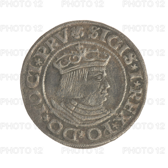 Gdansk grosz, Sigismund I the Old (King of Poland; 1506–1548). Polish coin, Jagiellon dynasty. Obverse: Crowned male royal bust in profile turned right; rim between pearl-shaped borders with inscription '.SIGIS.I.REX.PO.DO., OCI.PRV'. Reverse: Coat of arms of Gdansk; rim between pearl-shaped borders with inscription '.GROSSVS.CIVI.DANCZ.1530'. Dated 1530. Poland, Gdansk.