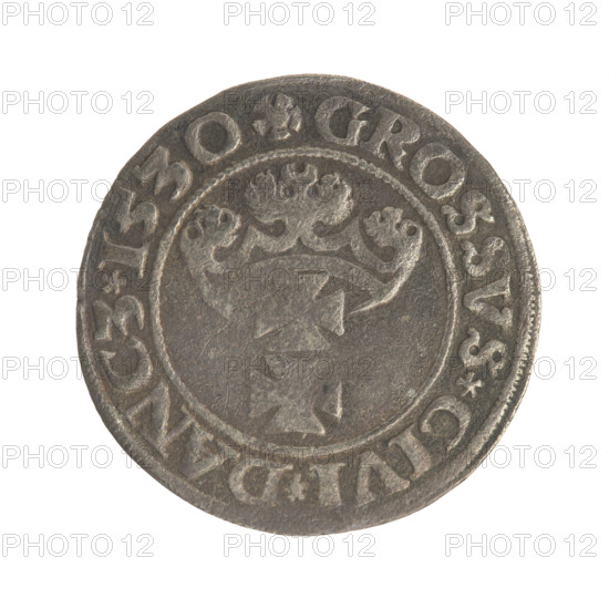 Gdansk grosz, Sigismund I the Old (King of Poland; 1506–1548). Silver coin (grosz), 1530. Obverse: Crowned male bust in profile turned to the right; in the rim between pearl-shaped borders an inscription: .SIGIS.I.REX.PO.DO., OCI.PRV. Reverse: Coat of arms of Gdansk; in the rim between pearl-shaped borders an inscription: .GROSSVS.CIVI.DANCZ.1530. Polish, Gdansk.