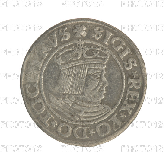 Gdansk grosz, Sigismund I the Old (King of Poland; 1506–1548). Polish coin, Jagiellon dynasty. Obverse: Crowned male bust of the king in profile turned to the right; in the rim between pearl-shaped borders an inscription: .SIGIS.REX.PO.DO.TOC, VS. Reverse: Coat of arms of Gdansk; in the rim between pearl-shaped borders an inscription: .GROSSVS.CIVI.DANCZ.153. Dated 1530. Poland, Gdansk.