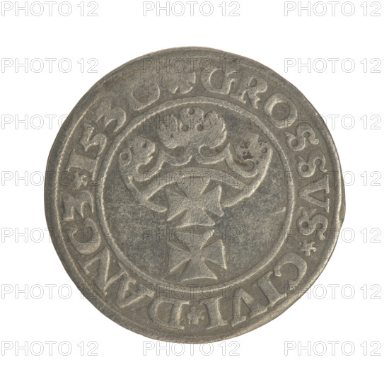 Gdansk grosz, Sigismund I the Old (King of Poland; 1506–1548). Polish coin (1530). Obverse: Crowned male bust of the king in profile turned to the right; rim between pearl-shaped borders with inscription '.SIGIS.REX.PO.DO.TOC,VS'. Reverse: Coat of arms of Gdansk; rim between pearl-shaped borders with inscription '.GROSSVS.CIVI.DANCZ.153'. Steel/metal coin, Jagiellon dynasty; iconography: royal busts and city coat of arms. Poland, Gdansk.