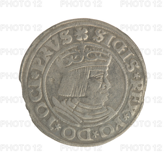Gdansk grosz, Sigismund I the Old (King of Poland; 1506–1548). Obv.: Crowned male bust in profile turned to the right; in the rim between pearly borders an inscription: .SIGIS.REX.PO.DO.TOCI.PRVS. Rev.: Coat of arms of Gdansk; in the rim between the pearly borders the inscription: .GROSSVS.CIVI.DANCZ.1530. 1530. Poland, Gdansk. Jagiellonian era; royal bust; coin.