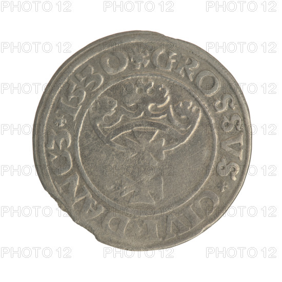 Gdansk grosz, Sigismund I the Old (King of Poland; 1506–1548). Obv.: Crowned male bust in profile turned to the right; in the rim between pearly borders an inscription: .SIGIS.REX.PO.DO.TOCI.PRVS. Rev.: Coat of arms of Gdansk; in the rim between the pearl borders the inscription: .GROSSVS.CIVI.DANCZ.1530. 1530. Poland, Gdansk. Polish coin; Jagiellonian dynasty; royal/male bust; coin.