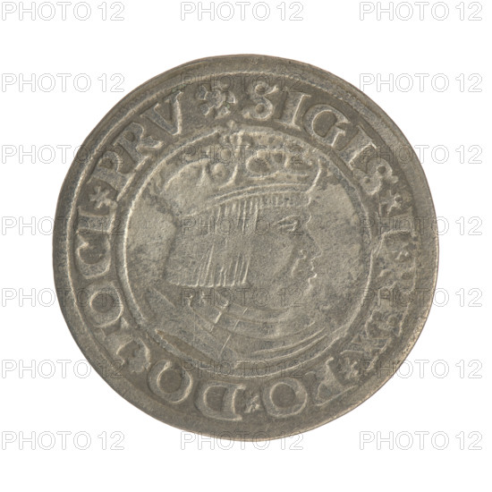 Gdansk grosz, Sigismund I the Old (King of Poland; 1506–1548). Polish coin, Jagiellon dynasty. Obverse: Crowned male bust in profile turned to the right; in the rim between pearl-shaped borders an inscription: .SIGIS.I.REX.PO.DO.TOCI.PRV. Reverse: Coat of arms of Gdansk; in the rim between pearl-shaped borders an inscription: .GROSSVS.CIVI.DANCZ.1530. Dated 1530. Poland, Gdansk.