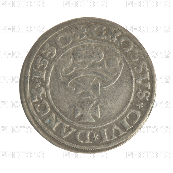 Gdansk grosz, Sigismund I the Old (King of Poland; 1506–1548). Silver coin, 1530. Obverse: Crowned male bust in profile turned right; rim inscription between pearl-shaped borders: .SIGIS.I.REX.PO.DO.TOCI.PRV. Reverse: Coat of arms of Gdansk; rim inscription between pearl-shaped borders: .GROSSVS.CIVI.DANCZ.1530. Polish, Gdansk.