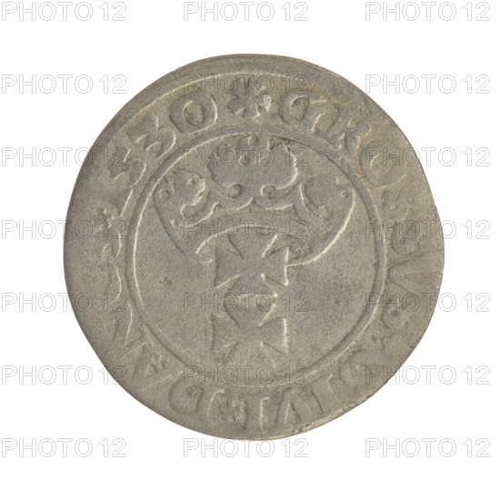 Gdansk grosz, Sigismund I the Old (King of Poland; 1506–1548). Obverse: Crowned male bust in profile turned to the right; in the rim between pearly borders an inscription: SIGIS, PO.DO.TOCI.PRV. Reverse: Coat of arms of Gdansk; in the rim between pearly borders inscription with pearl borders: .GROSSVS.CIVI.DA, .1530. 1530. Poland, Gdansk, coin.