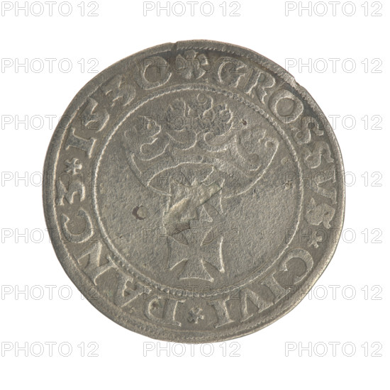 Gdansk grosz, Sigismund I the Old (King of Poland; 1506–1548), Polish coin, Jagiellon dynasty. Obverse: Crowned male bust in profile turned to the right; in the rim between pearl-shaped borders an inscription: .SIGIS.I.REX.PO.DO.TOCI.PRV. Reverse: Coat of arms of Gdansk; in the rim between pearl-shaped borders an inscription: .GROSSVS.CIVI.DANCZ.1530. Dated 1530. Poland, Gdansk.