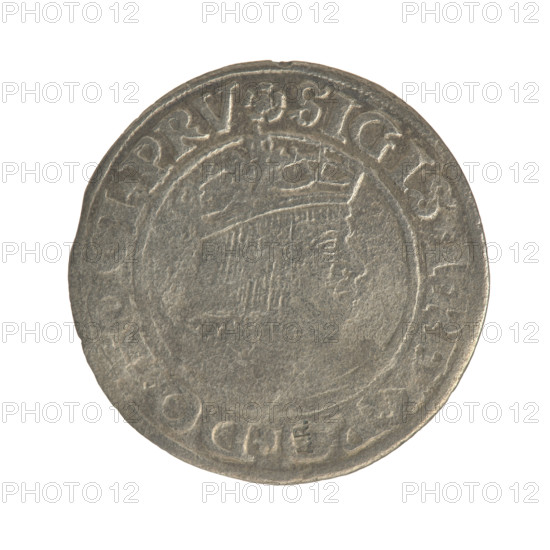 Gdansk grosz, Sigismund I the Old (King of Poland; 1506–1548). Obv.: Crowned male bust in profile turned to the right; in the rim between pearl-shaped borders an inscription: .SIGIS.I.REX.PO.DO, CI.PRV. Rev.: Coat of arms of Gdansk; in the rim between pearl-shaped borders inscription: .GRO, SVS.CIVI.DAN, 1530. Polish coin, Jagiellonian dynasty, male/royal bust, iconography of Sigismund I the Old, Gdansk (coat of arms).