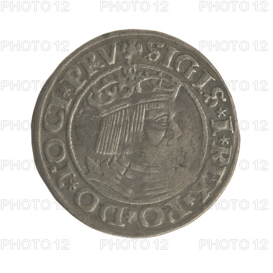 Gdansk grosz, Sigismund I the Old (King of Poland; 1506–1548). Polish coin, Jagiellon dynasty. Obverse: Crowned male bust in profile turned to the right; in the rim between pearl-shaped borders an inscription: .SIGIS.I.REX.PO.DO.TOCI.PRV. Reverse: Coat of arms of Gdansk; in the rim between pearl-shaped borders an inscription: .GROSSVS.CIVI.DANCZ.1530. Date: 1530. Place: Gdansk, Poland.