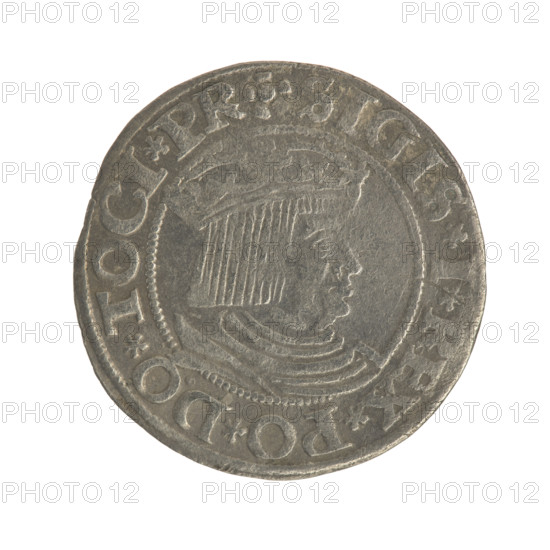 Gdansk grosz, Sigismund I the Old (King of Poland; 1506–1548). Polish coin, Jagiellon dynasty. Obverse: Crowned male bust in profile turned to the right; in the rim between pearl-shaped borders an inscription: .SIGIS.I.REX.PO.DO.TOCI.PR. Reverse: Coat of arms of Gdansk; in the rim between pearl-shaped borders an inscription: .GROSSVS.CIVI.DANCZ.1531. Dated 1531. Poland, Gdansk.