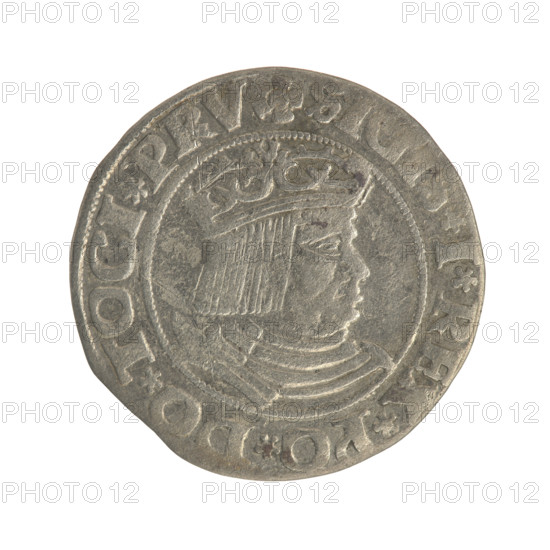 Gdansk grosz, Sigismund I the Old (King of Poland; 1506–1548). Polish coin of the Jagiellon dynasty. Obverse: Crowned male bust in profile turned to the right; in the rim between pearl-shaped borders an inscription: .SI, .I.REX.PO.DO.TOCI.PRV. Reverse: Coat of arms of Gdansk; in the rim between pearl-shaped borders an inscription: .GROSSVS.CIVI.D, CZ.1531. Date: 1531. Place: Gdansk, Poland.