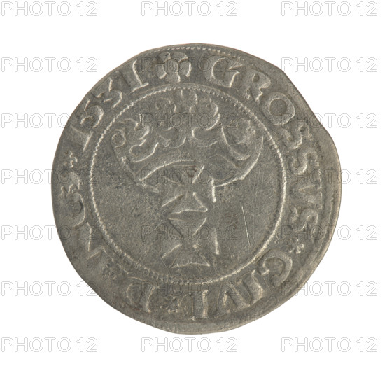 Gdansk grosz, Sigismund I the Old (King of Poland; 1506–1548). Polish coin of the Jagiellon dynasty. Obverse: crowned male royal bust in profile facing right; rim between pearl-shaped borders with inscription: .SI, .I.REX.PO.DO.TOCI.PRV. Reverse: coat of arms of Gdansk; rim between pearl-shaped borders with inscription: .GROSSVS.CIVI.D, CZ.1531. Dated 1531. Poland, Gdansk.
