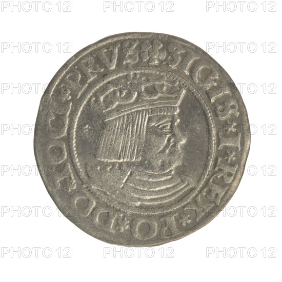 Gdansk grosz, Sigismund I the Old (King of Poland; 1506–1548). Jagiellonians (dynasty). Obv.: Crowned male bust in profile turned to the right, in the rim between pearl borders an inscription: .SIGIS.I.REX.PO.DO.TOCI.PRVS. Rev.: Coat of arms of Gdansk, in the rim between pearl borders the inscription: O.SVS.CIVI.DANCZ.1531. 1531. Poland, Gdansk, coin.