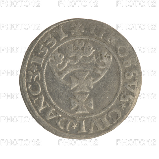 Gdansk grosz, Sigismund I the Old (King of Poland; 1506–1548). Obverse: Crowned male bust in profile turned to the right; in the rim between pearl borders an inscription: .SIGIS.I.REX.PO.DO.TOCI.PRVS. Reverse: Coat of arms of Gdansk; in the rim between pearl borders the inscription: O.SVS.CIVI.DANCZ.1531. 1531. Poland, Gdansk. Jagiellonians (dynasty); royal/male bust iconography; coin.