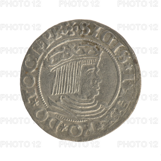Gdansk grosz, Sigismund I the Old (King of Poland; 1506–1548). Polish coin, Jagiellon dynasty. Obverse: Crowned male bust of Sigismund I the Old in profile facing right; rim between pearl-shaped borders with inscription '.SIGIS.I., .PO.DO.TOCI.PR'. Reverse: Coat of arms of Gdansk; rim between pearl-shaped borders with inscription '.GROSSVS., I.DANCZ.1531'. Dated 1531. Poland, Gdansk.