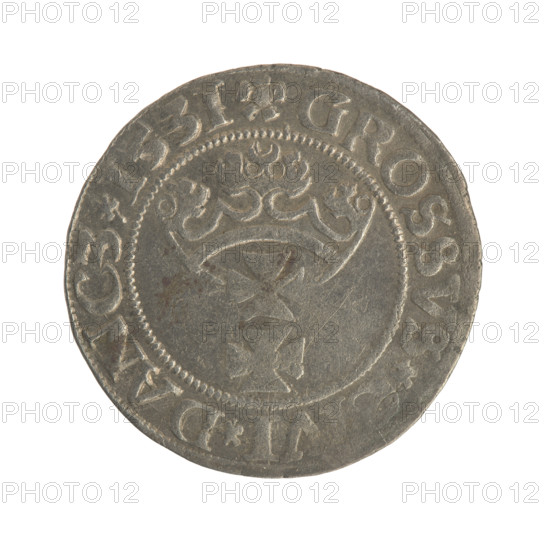 Gdansk grosz, Sigismund I the Old (King of Poland; 1506–1548). Silver coin (1531). Obverse: Crowned male bust in profile turned right; rim between pearl-shaped borders with inscription '.SIGIS.I., .PO.DO.TOCI.PR'. Reverse: Coat of arms of Gdansk; rim between pearl-shaped borders with inscription '.GROSSVS., I.DANCZ.1531'. Polish, Gdansk.