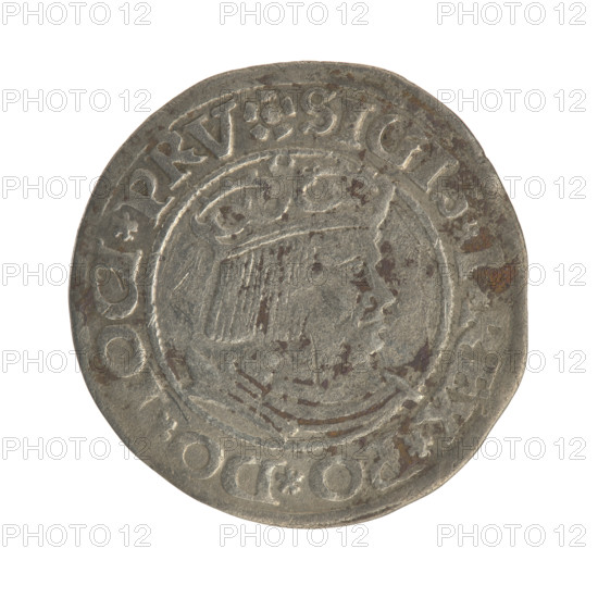 Gdansk grosz, Sigismund I the Old (King of Poland; 1506–1548). Polish coin, Jagiellon dynasty. Obverse: Crowned male bust in profile turned to the right; in the rim between pearl-shaped borders an inscription: .SIGIS.I.REX.PO.DO., OCI.PRV. Reverse: Coat of arms of Gdansk; in the rim between pearl-shaped borders an inscription: .GROSSVS.CIVI.D, CZ.1531. Date: 1531. Place: Gdansk, Poland.