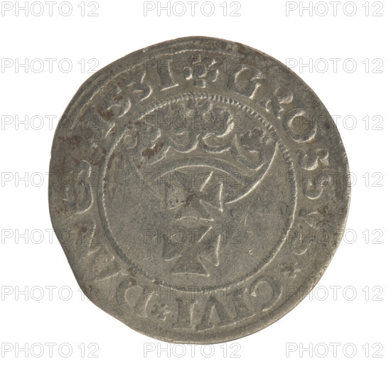Gdansk grosz, Sigismund I the Old (King of Poland; 1506–1548). Silver coin, 1531. Obverse: Crowned male bust in profile turned to the right; in the rim between pearl-shaped borders an inscription: .SIGIS.I.REX.PO.DO., OCI.PRV. Reverse: Coat of arms of Gdansk; in the rim between pearl-shaped borders an inscription: .GROSSVS.CIVI.D, CZ.1531. Depicts male/royal busts; Jagiellon dynasty iconography.