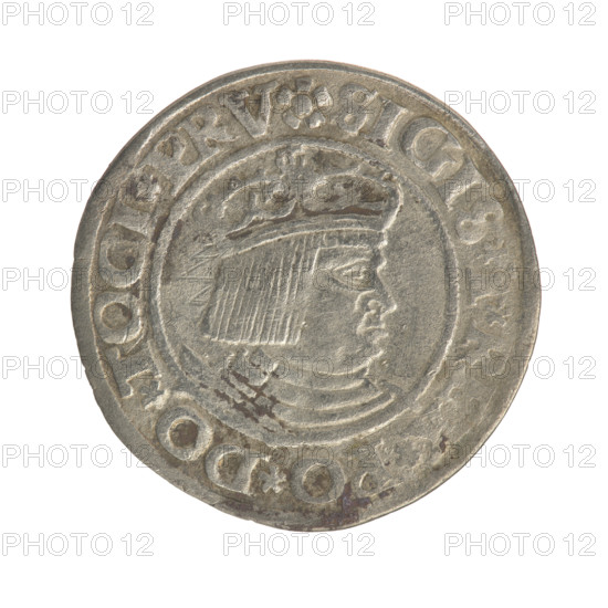 Gdansk grosz, Sigismund I the Old (King of Poland; 1506–1548). Polish coin, Jagiellon dynasty. Obverse: Crowned male/royal bust in profile facing right; in the rim between pearl-shaped borders an inscription: .SIGIS.I.REX.PO.DO.TOCI.PRV. Reverse: Coat of arms of Gdansk; in the rim between pearl-shaped borders an inscription: .GROSSVS.CIVI.DANCZ.1531. Dated 1531. Poland, Gdansk.