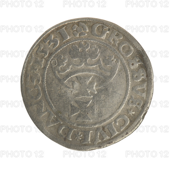 Gdansk grosz, Sigismund I the Old (King of Poland; 1506–1548). Silver coin (1531). Obverse: Crowned male bust in profile facing right; rim between pearl-shaped borders with inscription '.SIGIS.I.REX.PO.DO.TOCI.PRV'. Reverse: Coat of arms of Gdansk; rim between pearl-shaped borders with inscription '.GROSSVS.CIVI.DANCZ.1531'. Subjects: royal male busts, iconography of Sigismund I the Old; related to Jagiellon dynasty; city coat of arms of Gdansk.