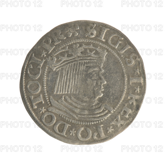 Gdansk grosz, Sigismund I the Old (King of Poland; 1506–1548). Polish coin, Jagiellon dynasty. Obverse: crowned male bust in profile turned to the right; in the rim between pearl-shaped borders an inscription: .SIGIS.I.REX.PO.DO.TOCI.PR. Reverse: coat of arms of Gdansk; in the rim between pearl-shaped borders an inscription: .GROSSVS.CIVI.DANCZ.1531. Dated 1531. Poland, Gdansk.