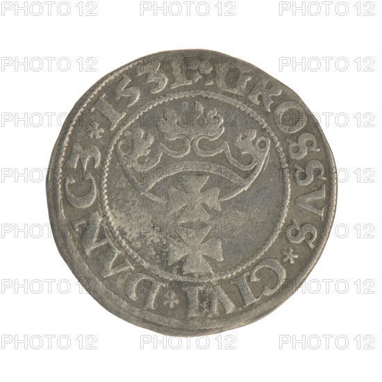 Gdansk grosz, Sigismund I the Old (King of Poland; reign 1506–1548). Polish coin, Jagiellon dynasty. Obverse: Crowned male royal bust of Sigismund I in profile facing right; rim inscription between pearl-shaped borders: .SIGIS.I.REX.PO.DO.TOCI.PR. Reverse: Coat of arms of Gdansk; rim inscription between pearl-shaped borders: .GROSSVS.CIVI.DANCZ.1531. Date: 1531. Place: Gdansk, Poland.
