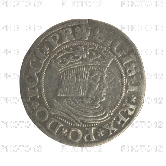 Gdansk grosz, Sigismund I the Old (King of Poland; 1506–1548). Jagiellonian dynasty. Obverse: Crowned male bust in profile turned to the right; in the rim between pearly borders an inscription: S.IS.I.REX.PO.DO.TOCI.PR. Reverse: Coat of arms of Gdansk; in the rim between the pearly borders the inscription: G.SSVS.CIVI.DANCZ.1531. Date: 1531. Poland, Gdansk. Coin.