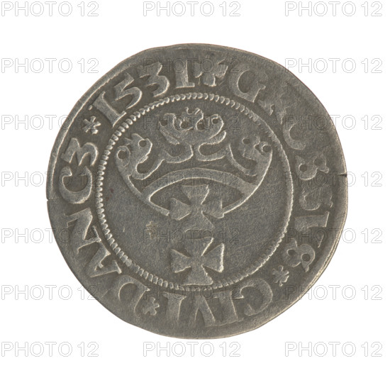 Gdansk grosz, Sigismund I the Old (King of Poland; 1506–1548). Obverse: Crowned male bust in profile turned to the right; in the rim between pearly borders an inscription: S, IS.I.REX.PO.DO.TOCI.PR. Reverse: Coat of arms of Gdansk; in the rim between the pearly borders the inscription: G, SSVS.CIVI.DANCZ.1531. 1531. Polish coin; Jagiellonian dynasty; royal/male bust; Gdansk (city coat of arms).
