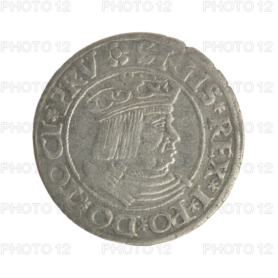 Gdansk grosz, Sigismund I the Old (King of Poland; 1506–1548). Polish coin (1531). Obv.: Crowned male bust in profile turned to the right; in the rim between pearl-shaped borders an inscription: IS.REX.I.PO.DO. OCl.PRV. Rev.: Coat of arms of Gdansk; in the rim between pearl-shaped borders an inscription: GROSSVS.CIVI.DANCZ.1531. Jagiellon dynasty; male/royal bust iconography. Poland, Gdansk.