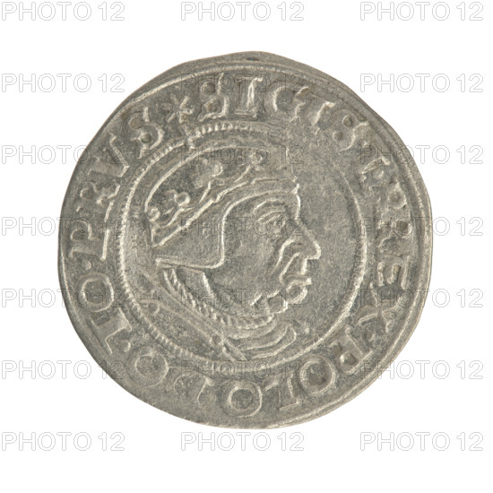 Gdansk grosz, Sigismund I the Old (King of Poland; 1506–1548). Polish coin, Jagiellon dynasty. Obverse: Crowned male bust in profile turned to the right; rim between pearl-shaped borders with inscription '.SIGIS.I., EX.POLO.DO.TO.PRVS'. Reverse: Coat of arms of Gdansk; rim between pearl-shaped borders with inscription '.GROSSVS.CIVI.GEDANEN.'. 1539. Poland, Gdansk.
