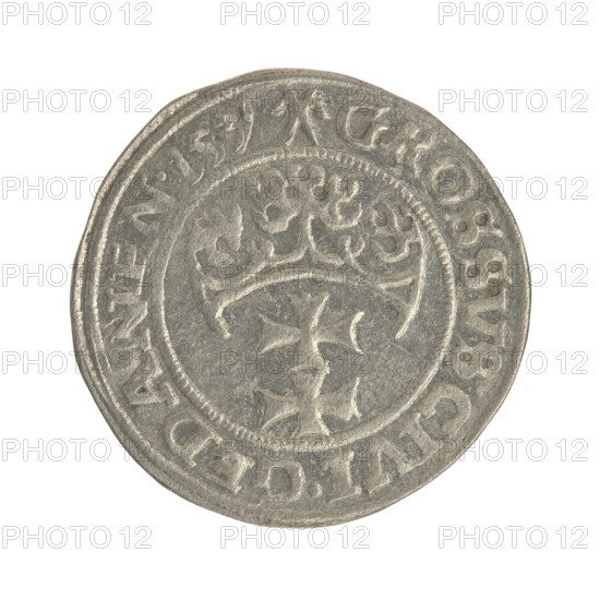 Gdansk grosz, Sigismund I the Old (King of Poland; 1506–1548). Silver coin (1539). Obverse: Crowned royal bust of Sigismund I in profile facing right; rim inscription between pearl-shaped borders: .SIGIS.I., EX.POLO.DO.TO.PRVS. Reverse: Coat of arms of Gdansk; rim inscription between pearl-shaped borders: .GROSSVS.CIVI.GEDANEN. Style: 16th-century Polish coinage, Jagiellon dynasty; subject: royal male busts, city coat of arms. Location: Gdansk, Poland.