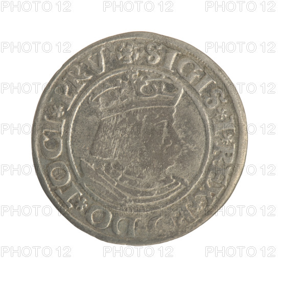 Gdansk grosz, Sigismund I the Old (King of Poland; 1506–1548). Polish coin, Jagiellon dynasty. Obverse: Crowned male bust in profile turned to the right; in the rim between pearl-shaped borders an inscription: .SIGIS.I.REX.P, .DO.TOCI.PRV. Reverse: Coat of arms of Gdansk; in the rim between pearl-shaped borders an inscription: .GROSSVS.CI, .DANCZ.1531. Date: 1531. Place: Gdansk, Poland.