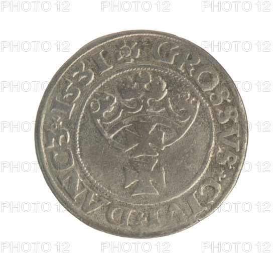 Gdansk grosz, Sigismund I the Old (King of Poland; 1506–1548). Silver coin (1531). Obverse: Crowned male bust in profile turned to the right; rim inscription between pearl-shaped borders: .SIGIS.I.REX.P, .DO.TOCI.PRV. Reverse: Coat of arms of Gdansk; rim inscription between pearl-shaped borders: .GROSSVS.CI, .DANCZ.1531. Poland, Gdansk.
