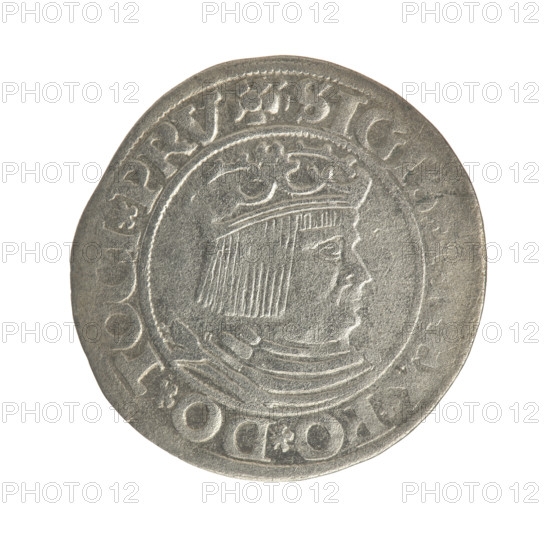 Gdansk grosz, Sigismund I the Old (King of Poland; 1506–1548). Polish coin, Jagiellon dynasty. Obverse: Crowned male bust of Sigismund I in profile facing right; rim inscription between pearl-shaped borders: 'SIGIS, PO.DO.TOCI.PRV'. Reverse: Coat of arms of Gdansk; rim inscription between pearl-shaped borders: 'VS.CIVI., NCZ.1531'. Dated 1531. Poland, Gdansk.