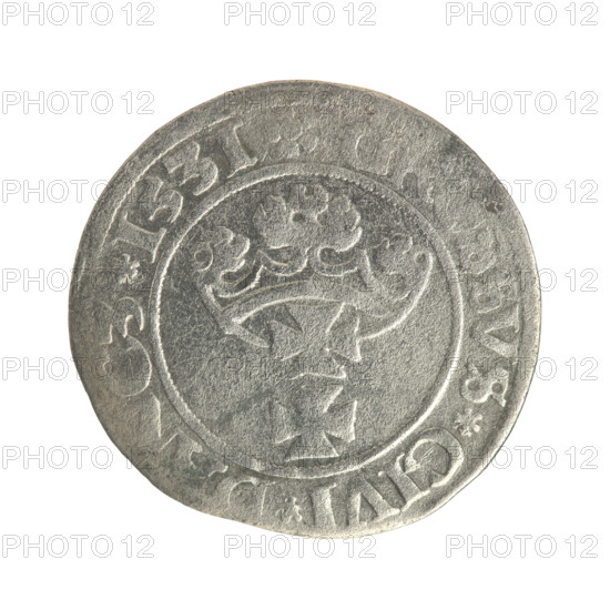 Gdansk grosz, Sigismund I the Old (King of Poland; 1506–1548). Silver coin (grosz). Obverse: Crowned male bust in profile turned right; rim between pearl-shaped borders with inscription 'SIGIS, PO.DO.TOCI.PRV'. Reverse: Coat of arms of Gdansk; rim between pearl-shaped borders with inscription 'VS.CIVI., NCZ.1531'. Dated 1531. Polish, Gdansk. Subjects: Jagiellon dynasty, royal/male busts; iconography of Sigismund I the Old.