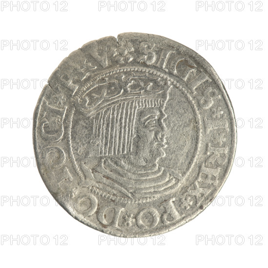 Gdansk grosz, Sigismund I the Old (King of Poland; 1506–1548). Polish coin, Jagiellon dynasty. Obverse: Crowned male bust in profile facing right; rim between pearl-shaped borders with inscription: .SIGIS.I.REX.PO.DO.TOCI.PRV. Reverse: Coat of arms of Gdansk; rim between pearl-shaped borders with inscription: .GROSSVS.CIVI.DANCZ.1531. Date: 1531. Place: Gdansk, Poland.
