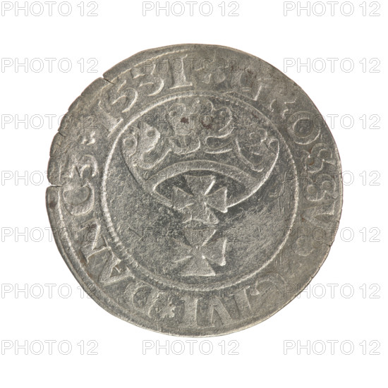 Gdansk grosz, Sigismund I the Old (King of Poland; 1506–1548). Polish coin (1531). Obverse: Crowned male bust of Sigismund I in profile facing right; rim inscription between pearl-shaped borders: .SIGIS.I.REX.PO.DO.TOCI.PRV. Reverse: Coat of arms of Gdansk; rim inscription between pearl-shaped borders: .GROSSVS.CIVI.DANCZ.1531. Gdansk, Poland.