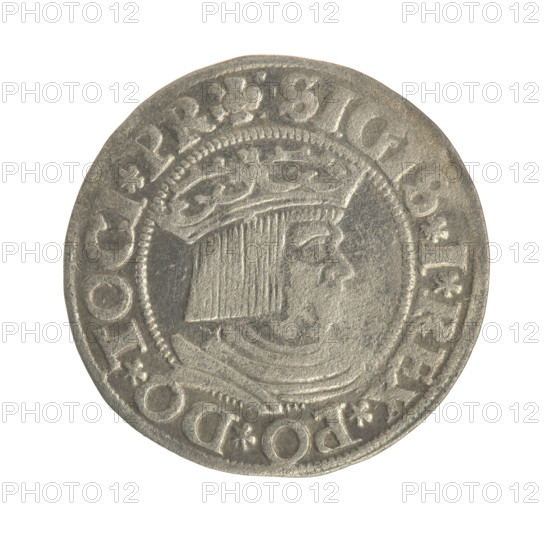 Gdansk grosz, Sigismund I the Old (King of Poland; 1506–1548). Polish coin, Jagiellon dynasty. Obverse: Crowned male bust in profile turned to the right; in the rim between pearl-shaped borders an inscription: .SIGIS.I.REX.PO.DO.TOCI.PR. Reverse: Coat of arms of Gdansk; in the rim between pearl-shaped borders an inscription: .GROSSVS.CIVI.DANCZ.1531. Dated 1531. Poland, Gdansk.