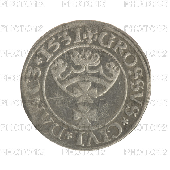Gdansk grosz, Sigismund I the Old (King of Poland; 1506–1548). Polish coin, Jagiellon dynasty. Obverse: Crowned male bust in profile turned to the right; rim between pearl-shaped borders with inscription: .SIGIS.I.REX.PO.DO.TOCI.PR. Reverse: Coat of arms of Gdansk; rim between pearl-shaped borders with inscription: .GROSSVS.CIVI.DANCZ.1531. Dated 1531. Poland, Gdansk.