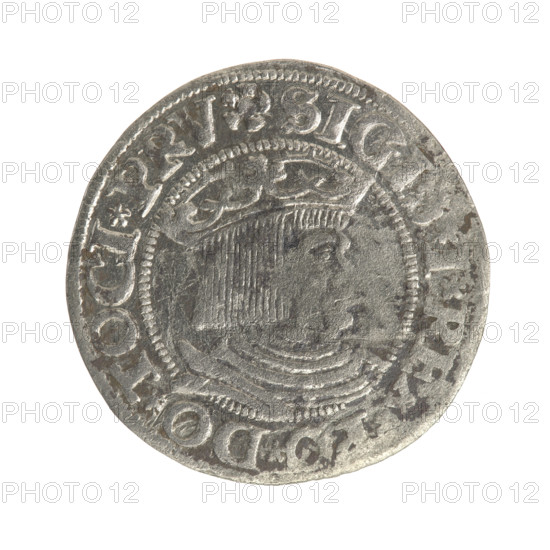 Gdansk grosz, Sigismund I the Old (King of Poland; 1506–1548). Polish coin, Jagiellon dynasty. Obverse: Crowned male royal bust in profile facing right; in rim between pearl-shaped borders an inscription: .SIGIS.I.REX.PO.DO.TOCI.PRV. Reverse: Coat of arms of Gdansk; in rim between pearl-shaped borders an inscription: .GROSSVS.CIVI.DANCZ.1531. Dated 1531. Poland, Gdansk.