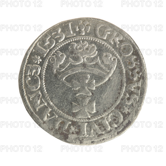 Gdansk grosz, Sigismund I the Old (King of Poland; 1506–1548). Polish coin, Jagiellon dynasty. Obverse: Crowned male bust in profile turned to the right; in the rim between pearl-shaped borders an inscription: .SIGIS.I.REX.PO.DO.TOCI.PRV. Reverse: Coat of arms of Gdansk; in the rim between pearl-shaped borders an inscription: .GROSSVS.CIVI.DANCZ.1531. Dated 1531. Poland, Gdansk.