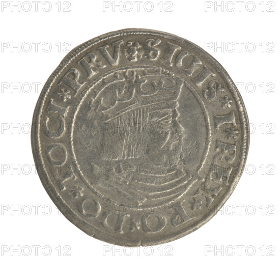 Gdansk grosz, Sigismund I the Old (King of Poland; 1506–1548). Polish coin, Jagiellon dynasty. Obverse: Crowned male bust in profile turned to the right; in the rim between pearl-shaped borders an inscription: .SIGIS.I.REX.PO.DO.TOCI.PRV. Reverse: Coat of arms of Gdansk; in the rim between pearl-shaped borders an inscription: .GROSSVS.CIVI.DANCZ.1531. Date: 1531. Place: Gdansk, Poland.