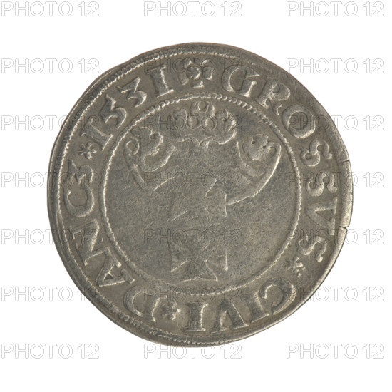 Gdansk grosz, Sigismund I the Old (King of Poland; 1506–1548). Polish coin, Jagiellon dynasty. Obverse: crowned male royal bust in profile facing right; rim between pearl-shaped borders with inscription '.SIGIS.I.REX.PO.DO.TOCI.PRV'. Reverse: coat of arms of Gdansk; rim between pearl-shaped borders with inscription '.GROSSVS.CIVI.DANCZ.1531'. Dated 1531. Poland, Gdansk.