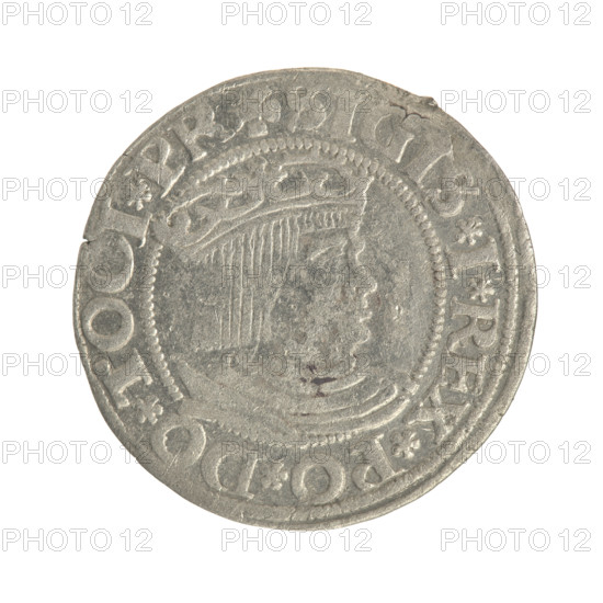 Gdansk grosz, Sigismund I the Old (King of Poland; 1506–1548). Polish coin, Jagiellon dynasty. Obverse: Crowned male royal bust in profile facing right; rim between pearl-shaped borders inscribed 'SIGIS.I.REX.PO.DO.TOCI.PR'. Reverse: Coat of arms of Gdansk; rim between pearl-shaped borders inscribed 'GROSSVS.CIVI.DANCZ.1531'. Dated 1531. Poland, Gdansk.